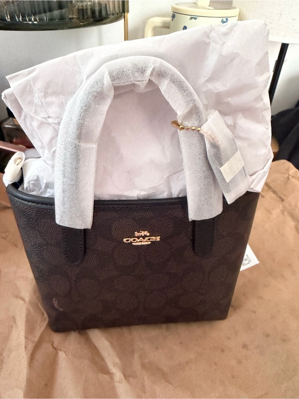 Coach Mini Tote in Dark Brown Signature Canvas with Gold Hardware